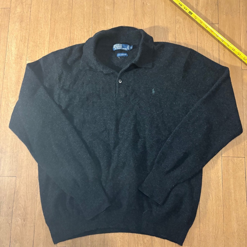 Polo Ralph Lauren Mens XL Charcoal Gray 100% Lambswool Polo Collar Sweater
